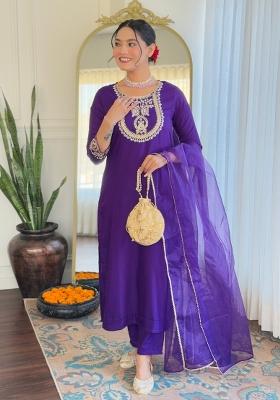 Purple Embroidered Rayon Kurta Set