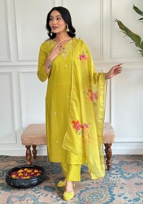 Lemon Embroidered Rayon Kurta Set