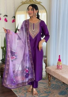 Purple Embroidered Rayon Kurta Set