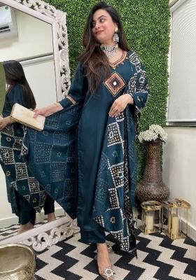 Teal Blue Embroidered Viscose Chanderi Kurta Set