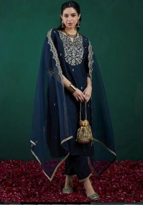 Blue Embroidered Chanderi Kurta Set