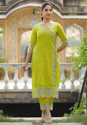 Lemon Embroidered Cotton Silk Kurta Set