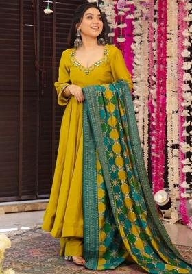 Mustard Embroidered Silk Kurta Set