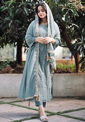 Sky Blue Embroidered Georgette Kurta Set