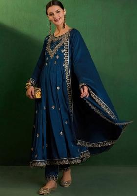 Teal Blue Embroidered Art Silk Kurta Set