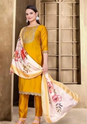Yellow Embroidered Rayon Kurta Set