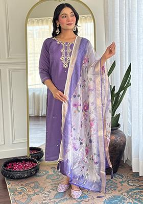 Purple Embroidered Rayon Kurta Set