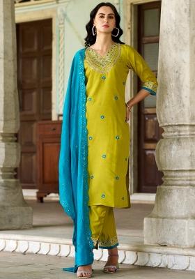 Lemon Embroidered Viscose Chanderi Kurta Set