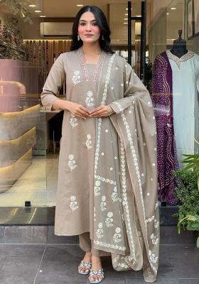 Cream Embroidered Cotton Kurta Set