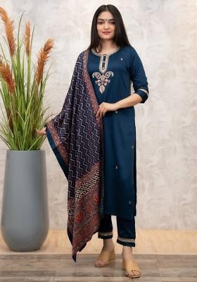Navy Blue Embroidered Brocade Silk Kurta Set