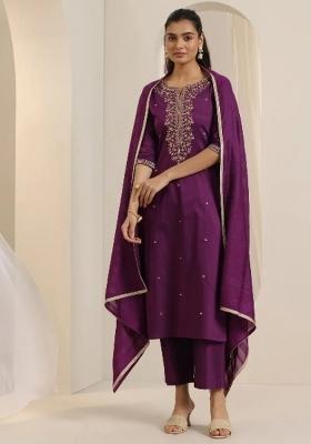 Purple Embroidered Viscose Chanderi Kurta Set
