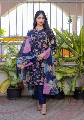 Navy Blue Printed Poly Cotton Kurta Set