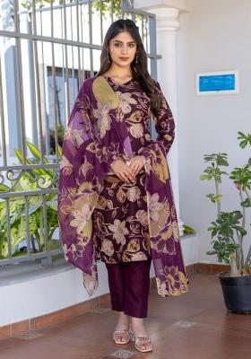 Purple Printed Poly Cotton Kurta Set