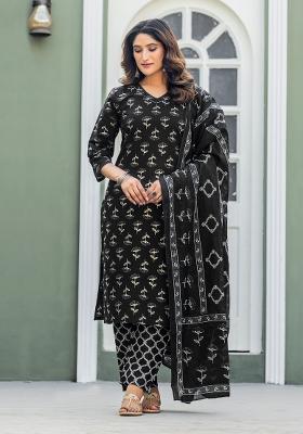 Black Printed Poly Cotton Kurta Set
