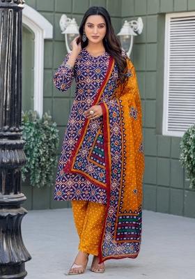 Navy Blue Printed Poly Cotton Kurta Set