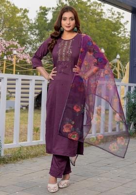 Purple Embroidered Silk Kurta Set