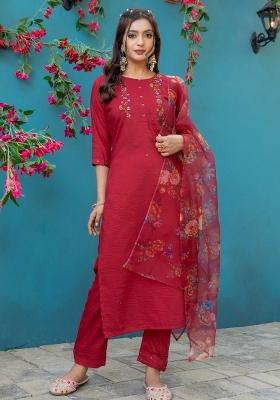 Maroon Embroidered Silk Kurta Set