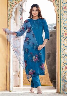 Teal Blue Embroidered Silk Kurta Set