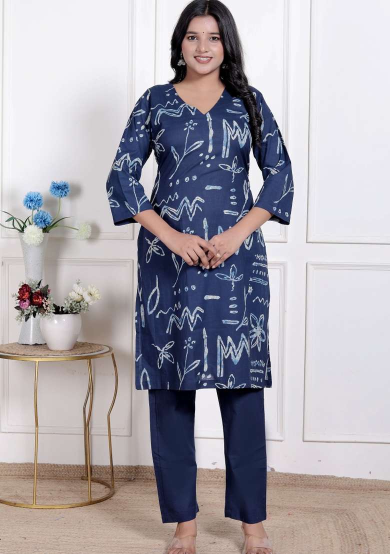 Blue Printed Cotton Straight Kurta Set - Indya