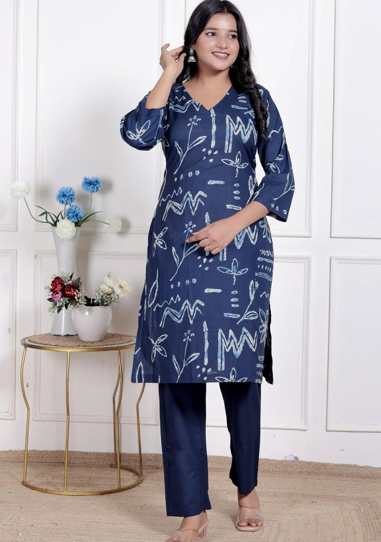 Blue Abstract Cotton Kurta Set - Indya
