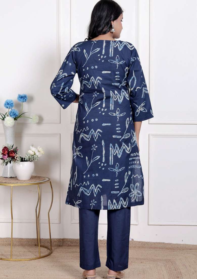 Blue Printed Cotton Straight Kurta Set - Indya