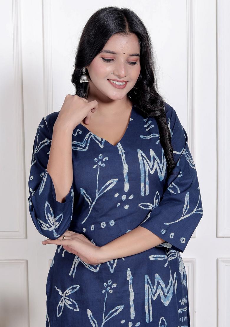 Blue Abstract Cotton Kurta Set - Indya