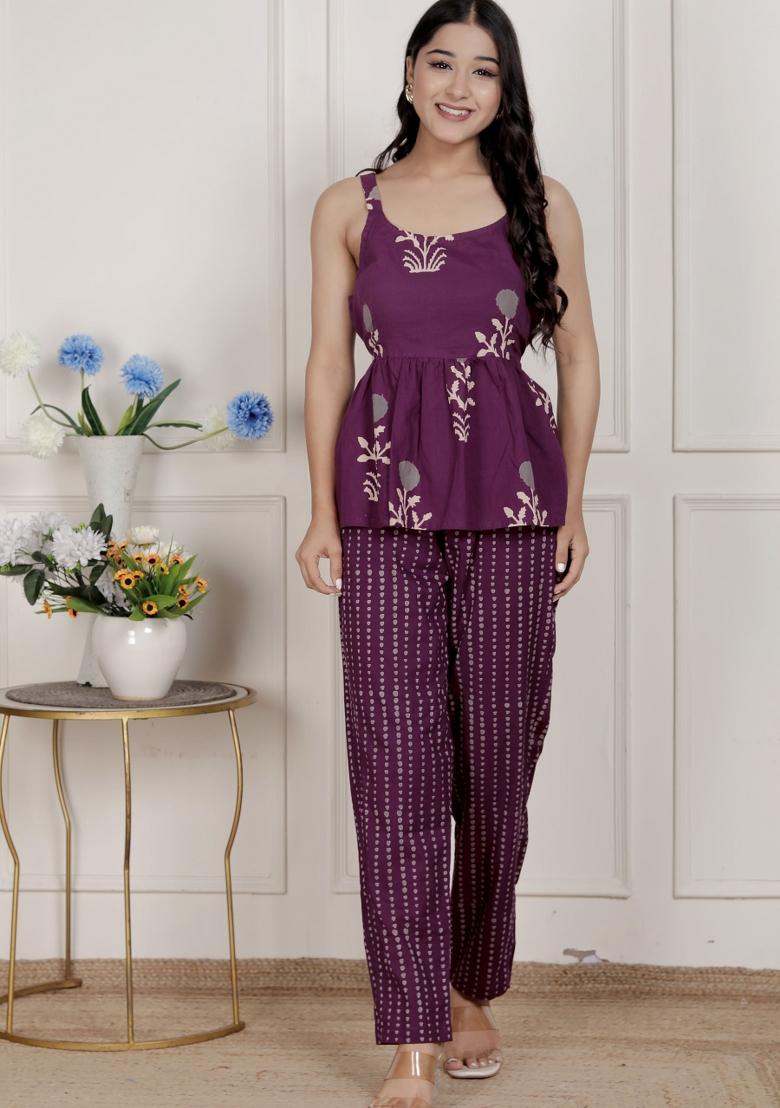 Purple Floral Cotton Kurta Set - Indya