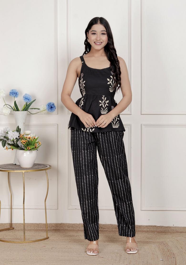 Black Floral Cotton Kurta Set - Indya