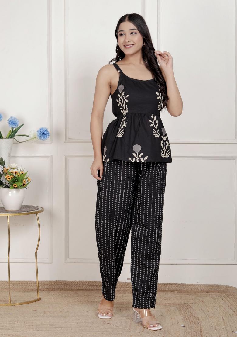 Black Floral Cotton Kurta Set - Indya