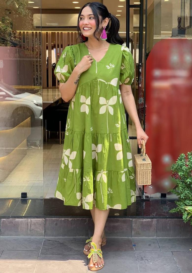 Parrot Green Printed Rayon Kurta