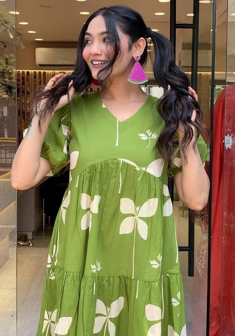 Parrot Green Printed Rayon Kurta