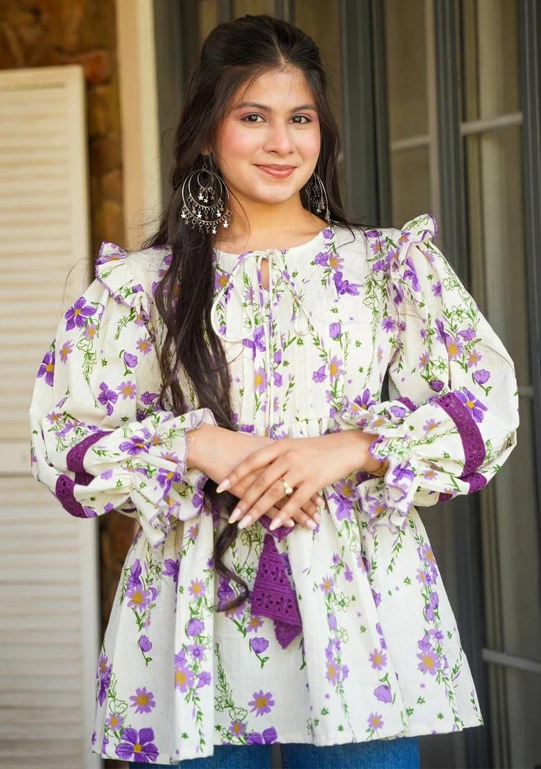 Off White Printed Cotton Kurta - Indya