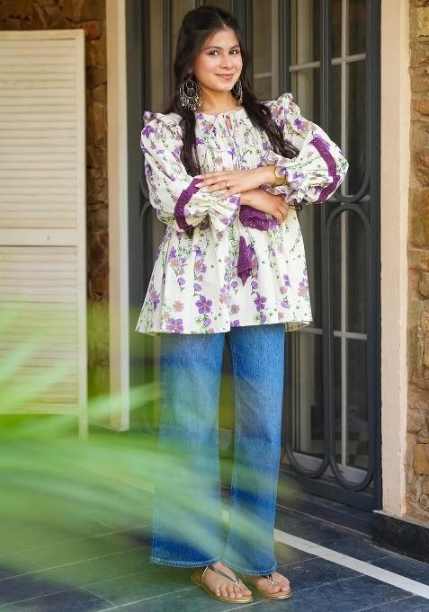 Off White Printed Cotton Kurta