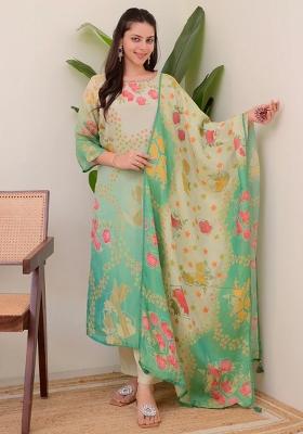 Multi Floral Print Blended Straight Kurta Set