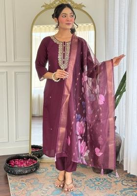 Wine Embroidered Rayon Kurta Set