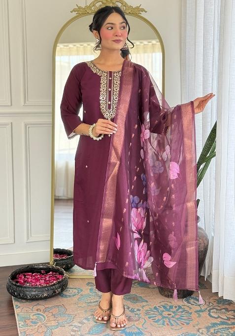 Wine Embroidered Rayon Kurta Set