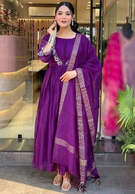 Purple Embroidered Chinon Kurta Set