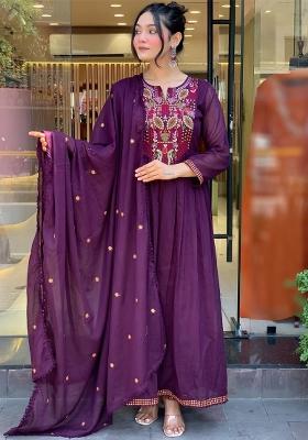 Wine Embroidered Viscose Kurta Set
