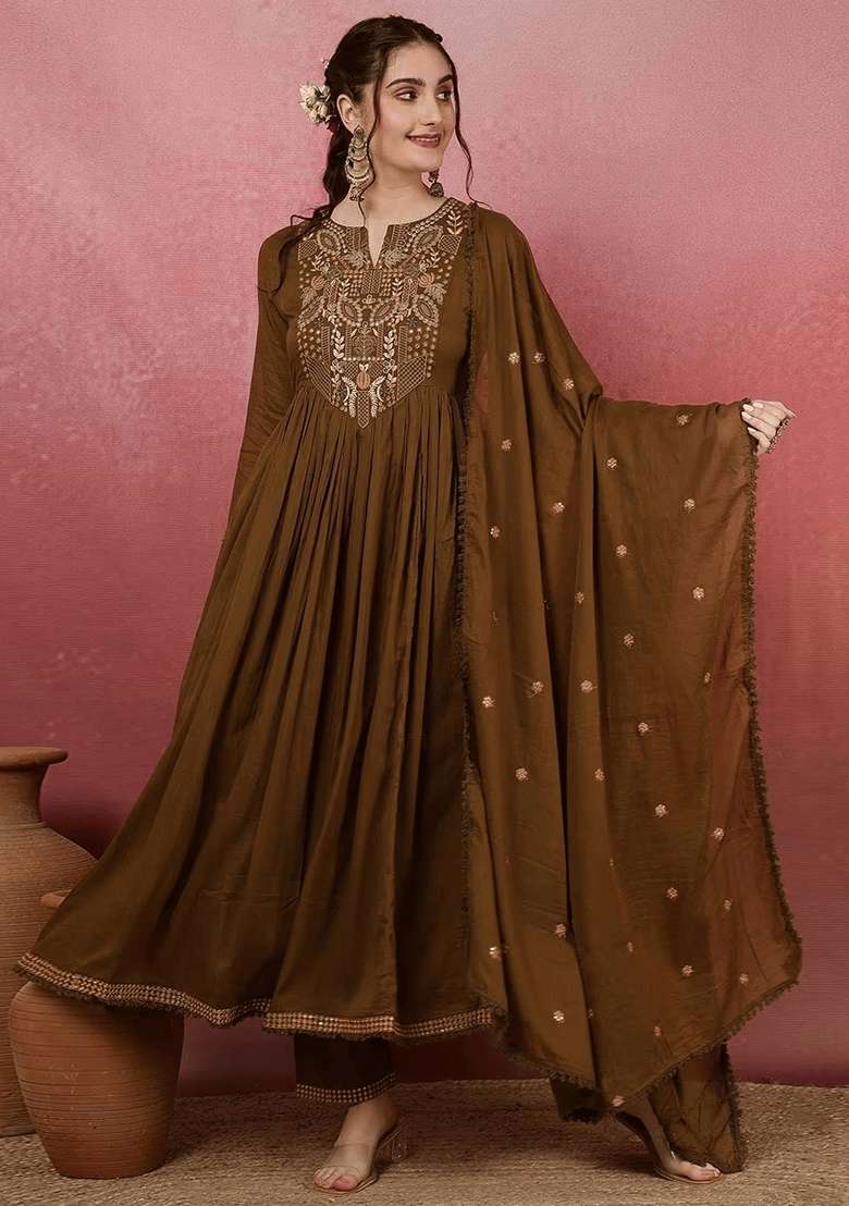 Mehendi Embroidered Viscose Anarkali Set - Indya