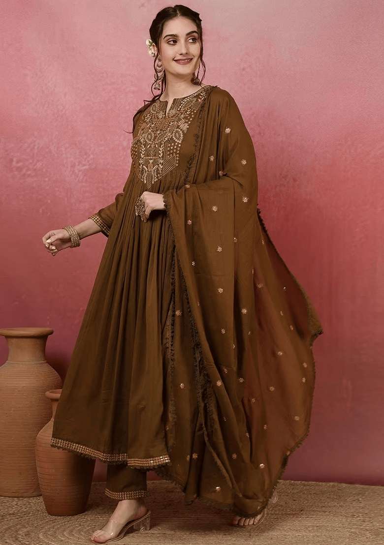 Mehendi Embroidered Viscose Anarkali Set - Indya