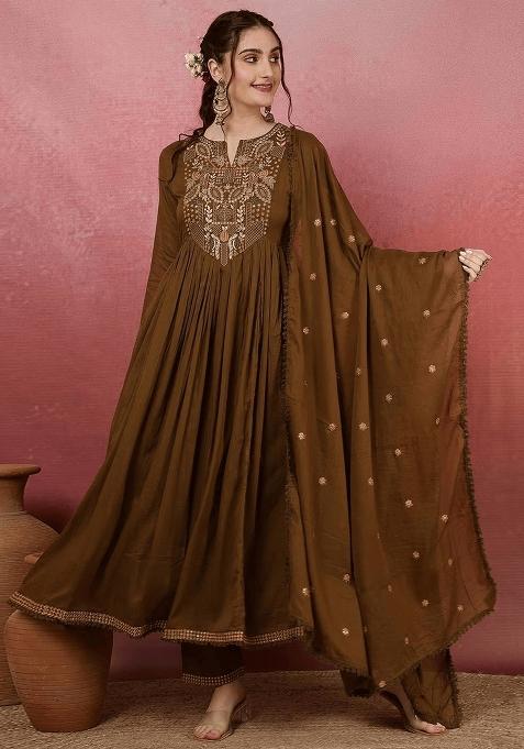 Mehendi Embroidered Viscose Anarkali Set