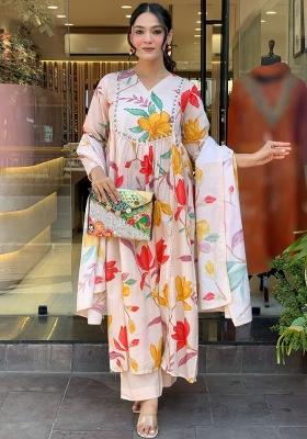 Cream Printed Cotton Kurta Set