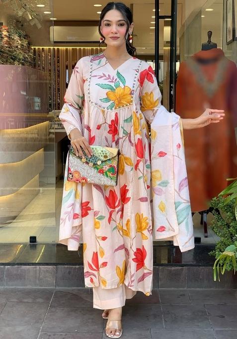 Cream Printed Cotton Kurta Set