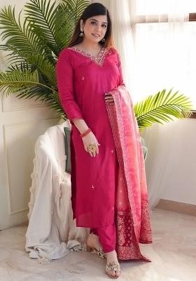 Rani Pink Embroidered Viscose Kurta Set