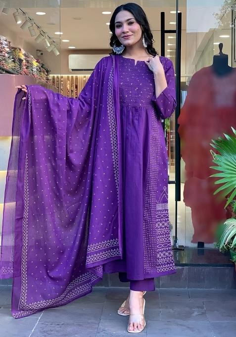 Purple Printed Chanderi Kurta Set
