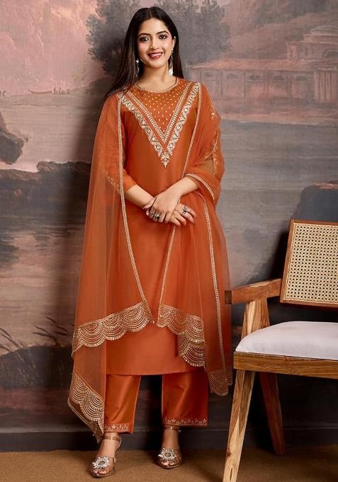 Rust Embroidered Rayon Kurta Set