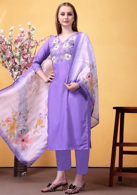 Lavendar Embroidered Rayon Straight Kurta Set