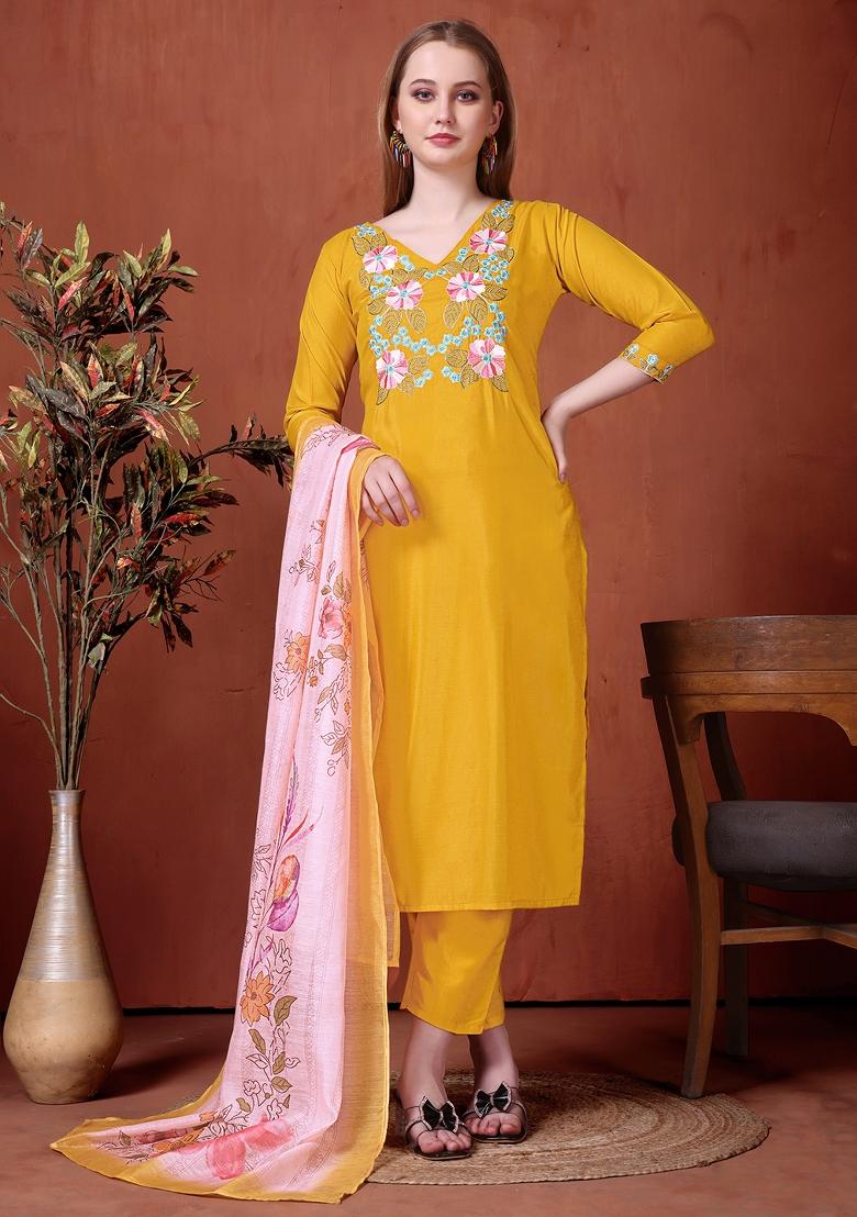 Yellow Embroidered Rayon Kurta Set