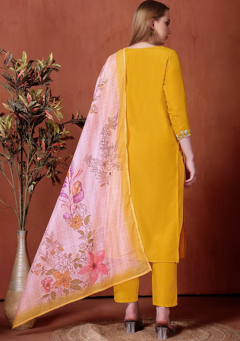 Yellow Embroidered Rayon Kurta Set