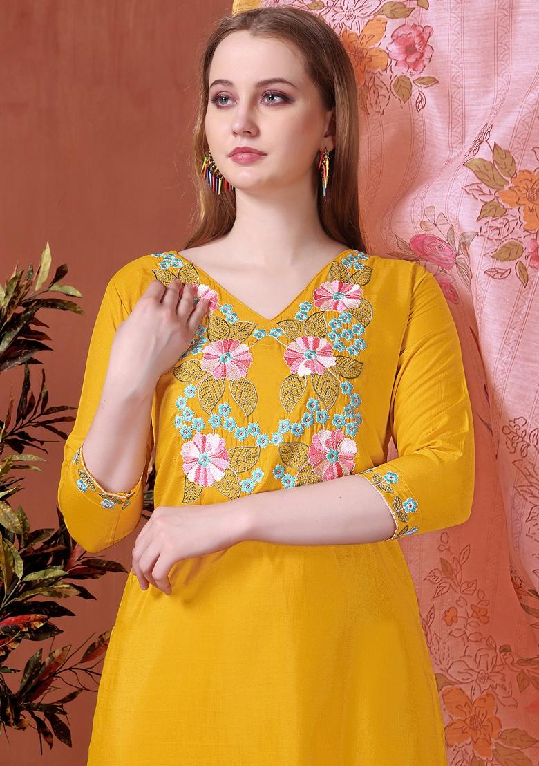 Yellow Embroidered Rayon Kurta Set